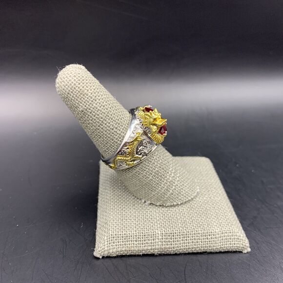 Dragon Ring Size 8 Two Tone Silver Gold Color Red Glass Stone Chunky Bold - Picture 3 of 9